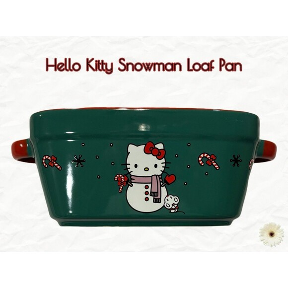 "Hello Kitty" Christmas Ceramic Snowman Loaf Pan Dark Green 9"L x 5"W (NEW) - Picture 1 of 4